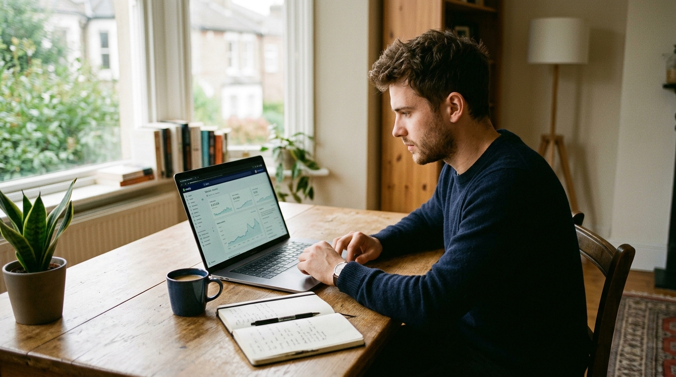 Підприємець працює за ноутбуком з дашбордом продажів Shopify-магазину